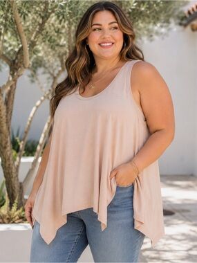 Zenana Dusty Blush Sharkbite Hem Flowy Tank Top XL Lagenlook Cozy Natural NEW